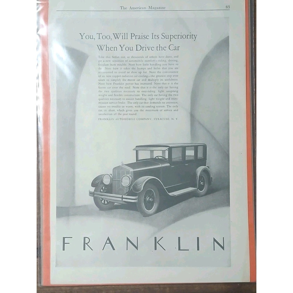 1920s 1926 Vintage Franklin Sedan Car Automobile Art Deco Original Print Ad
